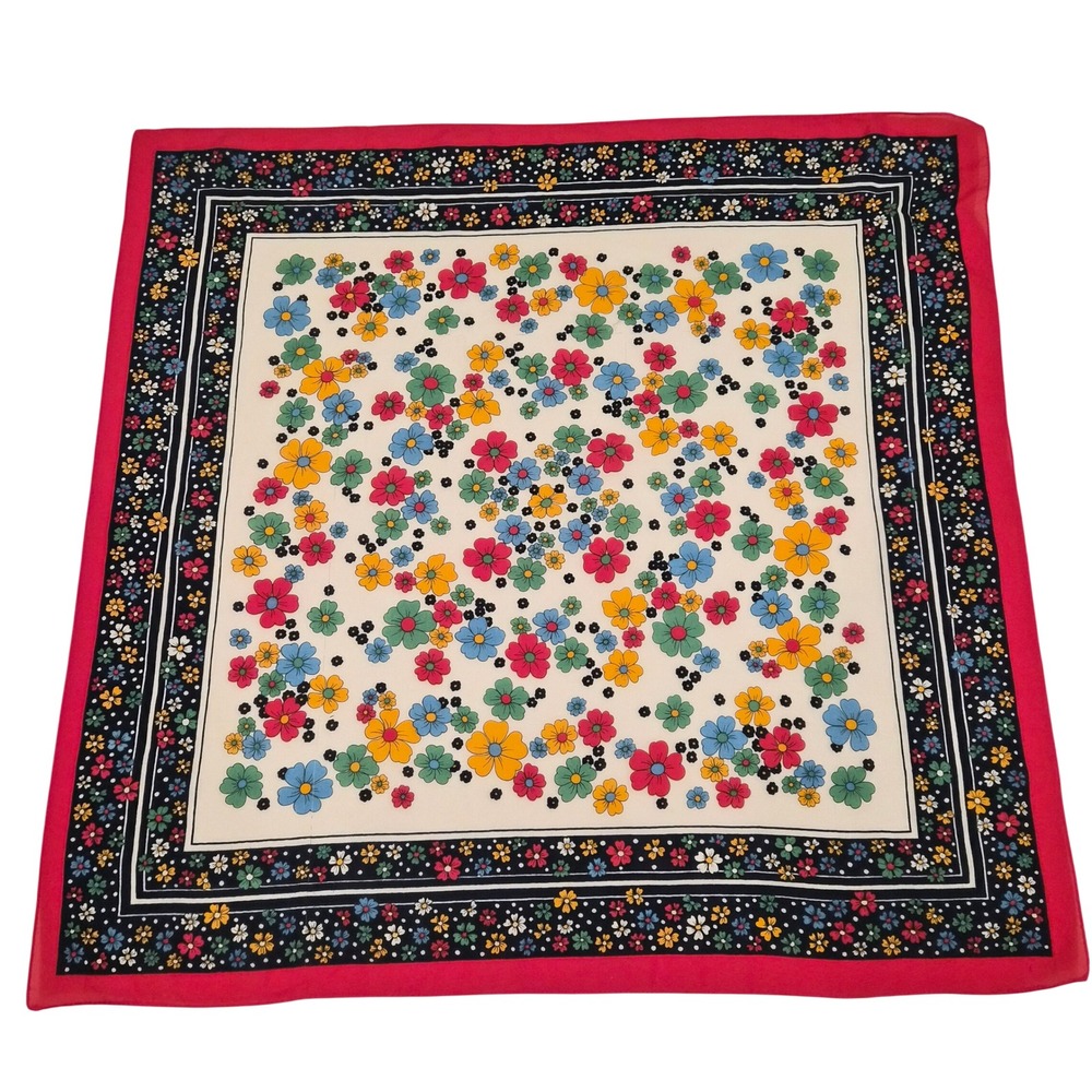 Vintage Floral Square Scarf Made in Italy Red Border Multi Color Daisy Print